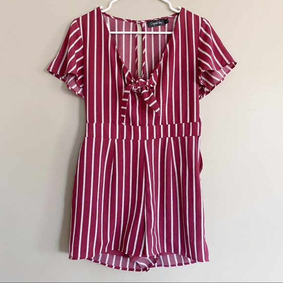 Crystal Sky nautical striped short sleeve romper maroon red - Picture 1 of 6